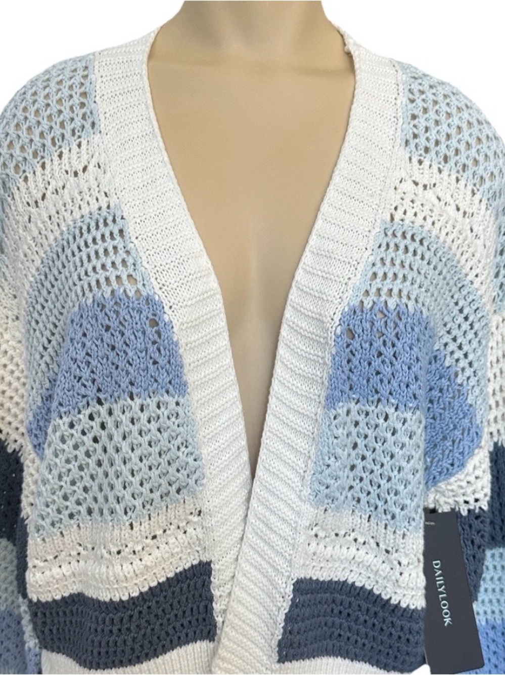 Le Lis Cropped Open-Weave Cardigan in Cream, Light Blue & Navy